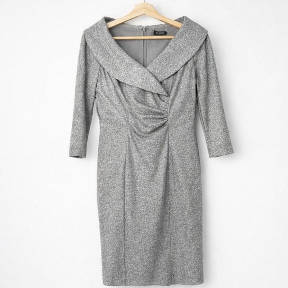 Tahari Arthur S. Levine Knit Metallic Dress Knee Length Ruched Length 4P